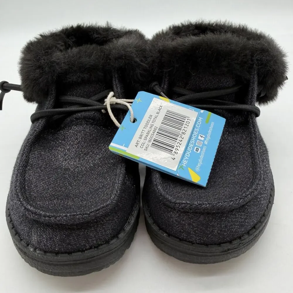 Hey Dude Britt Sparkling Total Black Glitter Cozy FauxFur Casual Shoes Toddler 9